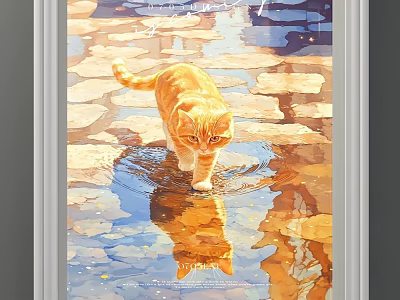 Watercolor Landscape Painting Featuring Ginger Cat Walking on Stone Path with Puddle Reflection and Sunlight 3d model