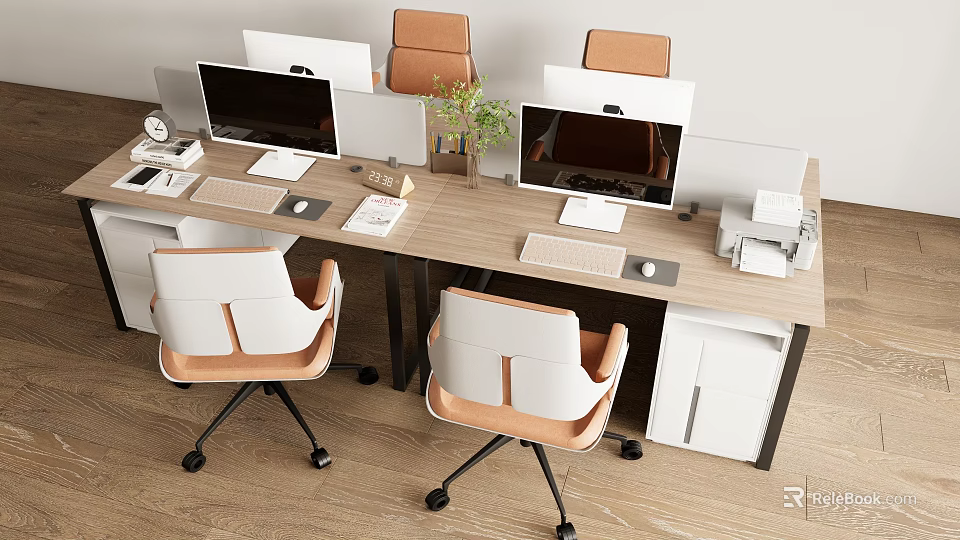 Modern Office Desk Setup With Multiple Monitors White Brown Chairs Potted Plant Printer And Notebook 3d model 