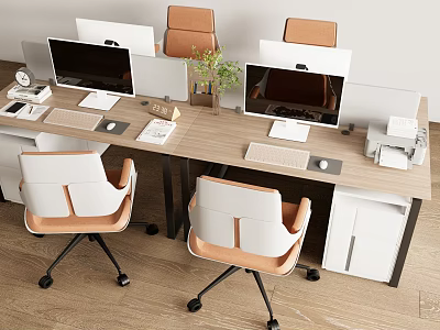 Modern Office Desk Setup With Multiple Monitors White Brown Chairs Potted Plant Printer And Notebook 3d model
