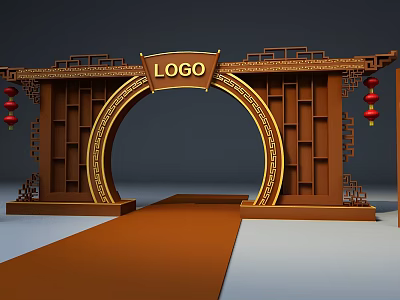 Chinese Style Carved Archway With LOGO Red Lanterns And Red Carpet 3d model