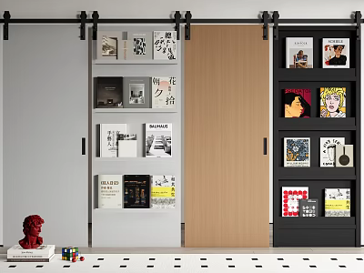 Sliding Door Interior With Bookshelves Art Books Decorative Prints And Red Decorative Object 3d model