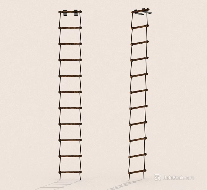 Two Vertical Wooden Ladders Hanging Against White Background With Rungs 3d model 
