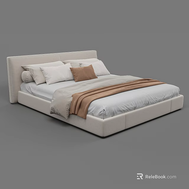 Modern Double Bed With Beige Headboard White Brown Pillows And Brown Throw 3d model 