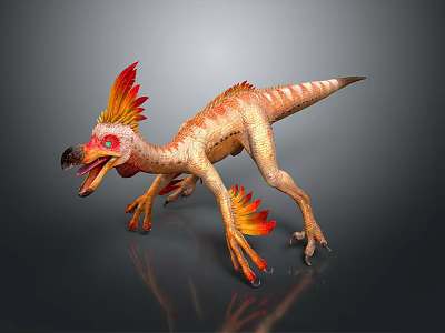 3D Rendered Dinosaur Model with Red Yellow Feathers Head Crest Open Mouth and Sharp Claws 3d model