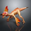 3D Rendered Dinosaur Model with Red Yellow Feathers Head Crest Open Mouth and Sharp Claws