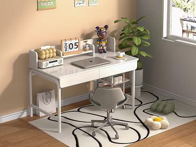 White Desk with Calendar Laptop Storage Rack and Green Plant Gray Chair Black White Rug 3d model