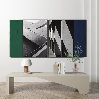 Modern Abstract Wall Art Display With Geometric Patterns And Interior Decor Elements On Console Table 3d model
