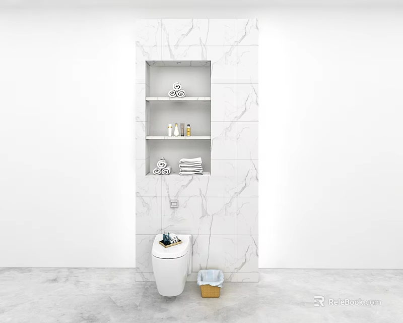 White Toilet Against White Marble Wall With Three Shelves Holding Towels Toiletries And Small Basket 3d model 