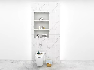 White Toilet Against White Marble Wall With Three Shelves Holding Towels Toiletries And Small Basket 3d model
