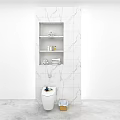 White Toilet Against White Marble Wall With Three Shelves Holding Towels Toiletries And Small Basket