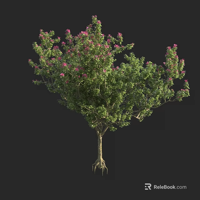 Vibrant Shrub With Green Leaves Pink Flowers And Visible Roots 3d model 