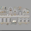 Wooden Animal Dolls And Playhouse On Shelves With Storage Cabinets