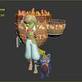 White Haired Girl With Small Red Fox Carrying Large Orange Patterned Basket And Yellow Fruits