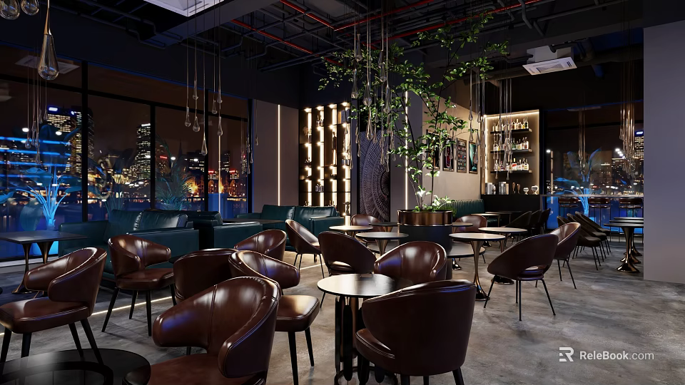 Cozy Bar Interior Featuring Leather Chairs Round Tables Hanging Plants And City Night View 3d model 