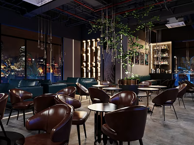 Cozy Bar Interior Featuring Leather Chairs Round Tables Hanging Plants And City Night View 3d model