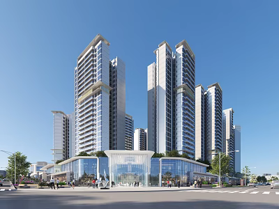Modern Commercial Street With Tall Glass Facade Buildings And Busy Pedestrians 3d model