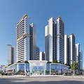 Modern Commercial Street With Tall Glass Facade Buildings And Busy Pedestrians