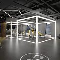 Modern Fitness Gym Interior With Blue Lighting White Ceiling Yellow Floor Lines And Equipment