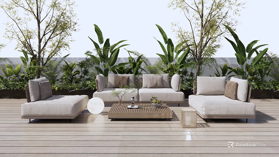 Comfortable Beige Outdoor Sofa Set With Wooden Coffee Table On Terrace Surrounded By Green Plants 3d model 