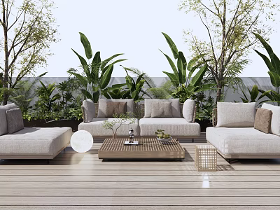 Comfortable Beige Outdoor Sofa Set With Wooden Coffee Table On Terrace Surrounded By Green Plants 3d model