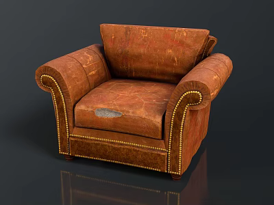 Vintage Brown Leather Armchair With Stitching Details And Worn Texture 3d model