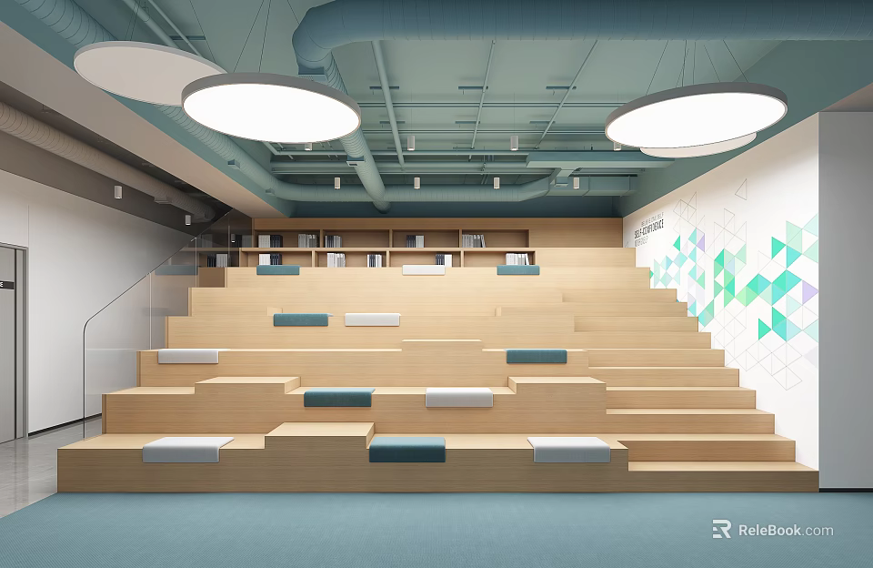 Modern Lounge Area With Staircase Seating Bookshelves Round Lights And Geometric Wall 3d model 