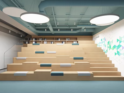 Modern Lounge Area With Staircase Seating Bookshelves Round Lights And Geometric Wall 3d model