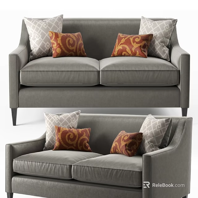 Stylish Gray Two Seater Sofa With Decorative Patterned Pillows And Soft Upholstery 3d model