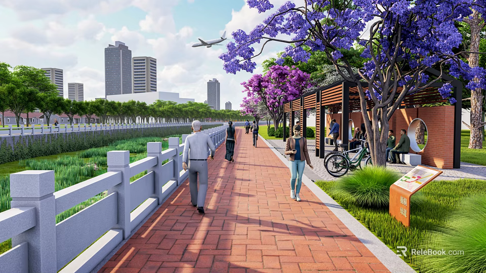 Scenic Park Landscape With Red Brick Pathway White Railings Flowering Trees Pedestrians And City Skyline 3d model 