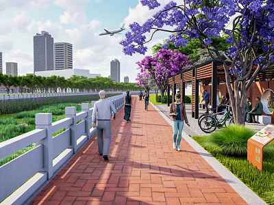 Scenic Park Landscape With Red Brick Pathway White Railings Flowering Trees Pedestrians And City Skyline 3d model