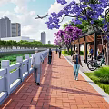 Scenic Park Landscape With Red Brick Pathway White Railings Flowering Trees Pedestrians And City Skyline