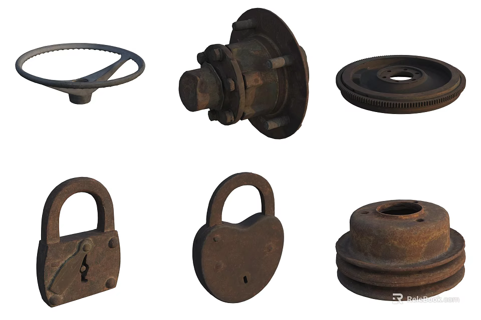 Vintage Industrial Hardware Tools Including Gears Padlocks Bearing Flanges And Pulleys 3d model 
