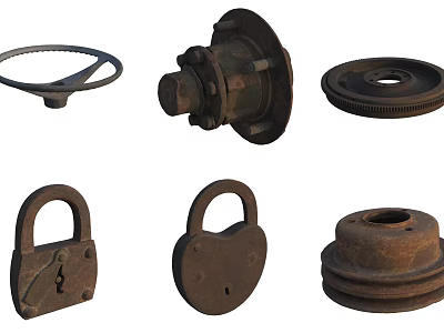 Vintage Industrial Hardware Tools Including Gears Padlocks Bearing Flanges And Pulleys 3d model