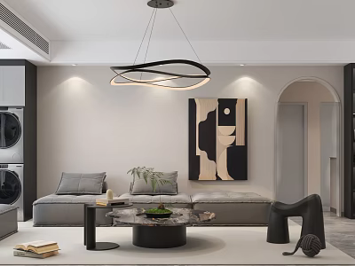 Modern Living Dining Room Interior Design With Gray Sofa Coffee Table Abstract Artwork And Circular Chandelier 3d model