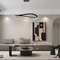 Modern Living Dining Room Interior Design With Gray Sofa Coffee Table Abstract Artwork And Circular Chandelier