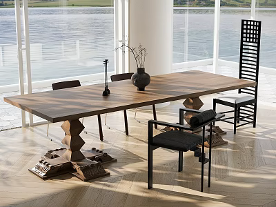Wooden Dining Table Set With Sculptural Base Black Upholstered Chairs And Vase By Large Windows 3d model