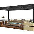 Modern Garden Pavilion with Black Roof and Wooden Deck Surrounded by Green Grass and Trees