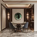 Restaurant Interior with Hanging Linear Chandeliers Marble Feature Wall Bar Counter and Wooden Stools