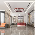 Modern Bank Reception Area With Circular Counter And Marble Background Wall