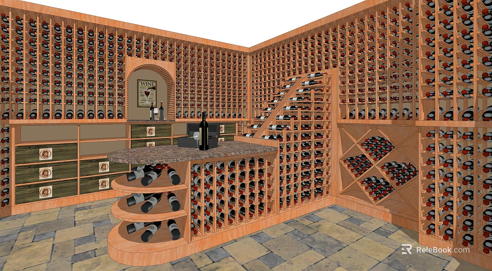 Luxurious Wooden Wine Cabinet Interior Design With Multiple Racks And Wine Bottles 3d model 