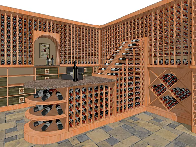 Luxurious Wooden Wine Cabinet Interior Design With Multiple Racks And Wine Bottles 3d model