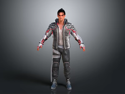 3D Male Character Model With Silver Red Decorated Jacket And Black Pants Standing Pose 3d model