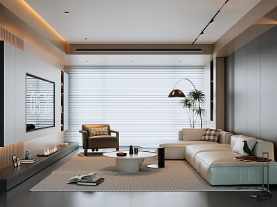 Modern Living Room Interior With Light Sofa Accent Chair Round Coffee Table Floor Lamp And Green Plant 3d model