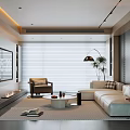 Modern Living Room Interior With Light Sofa Accent Chair Round Coffee Table Floor Lamp And Green Plant
