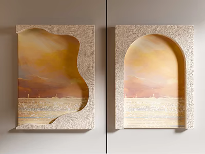 Modern Luxury Living Room Decorative Paintings With Sunset Sea View And Unique Frame Design 3d model