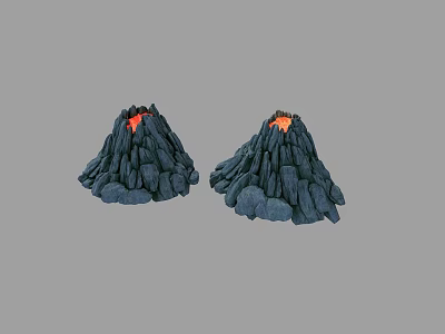 Scenic Volcanic Landscape With Two Erupting Volcanoes Red Magma And Rocky Terrain 3d model