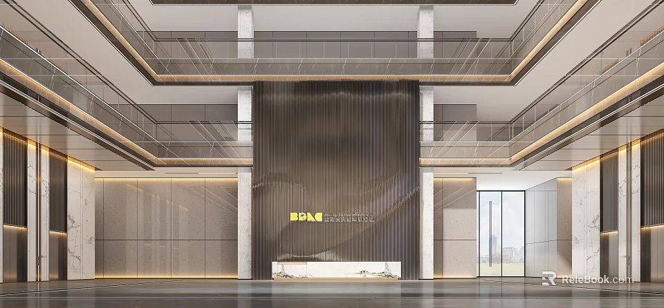Modern Hotel Lobby Interior Featuring Large Dark Curtain And Marble Reception Desk With Glass Doors 3d model 