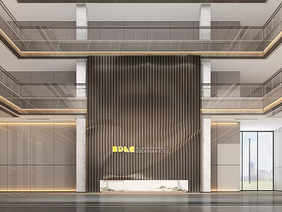 Modern Hotel Lobby Interior Featuring Large Dark Curtain And Marble Reception Desk With Glass Doors 3d model