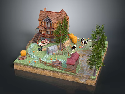 Charming Rural Self-built House With Trees Pumpkins Hay Bales And Cows 3d model