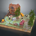 Charming Rural Self-built House With Trees Pumpkins Hay Bales And Cows